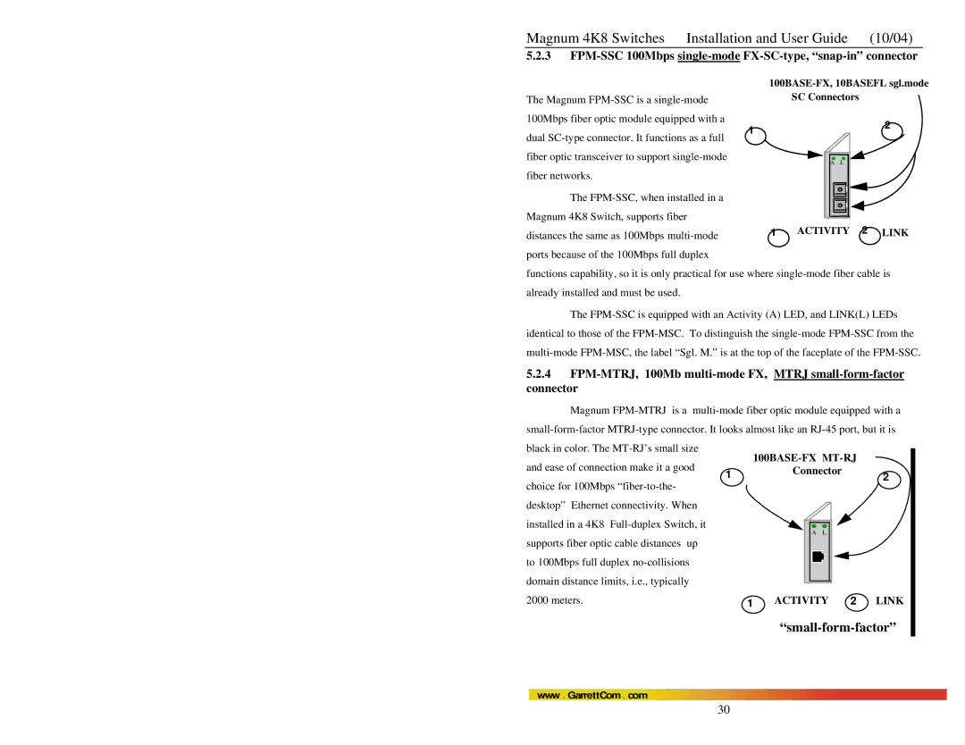 GarrettCom 4K-Series manual FPM-SSC 100Mbps single-mode FX-SC-type, snap-in connector, Activity 2 Link, 100BASE-FX MT-RJ 