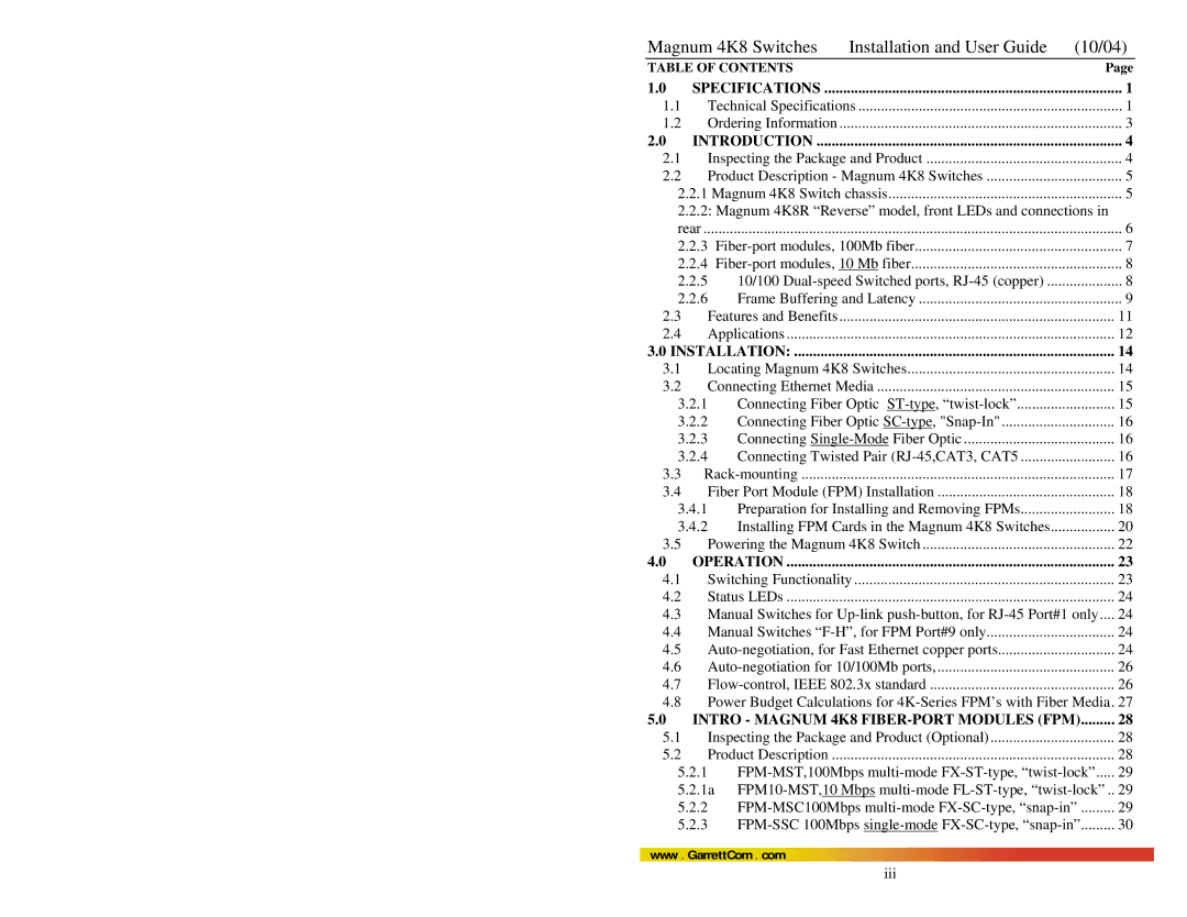 GarrettCom 4K-Series manual Introduction, Table of Contents 