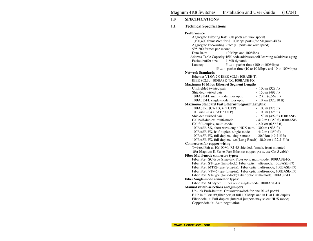 GarrettCom 4K-Series manual Technical Specifications 