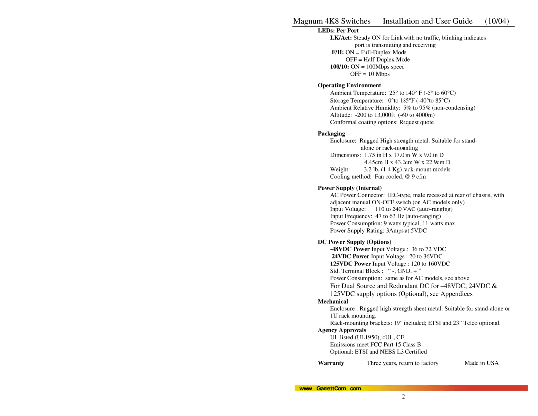 GarrettCom 4K-Series manual LEDs Per Port, Operating Environment, Packaging, Power Supply Internal, DC Power Supply Options 