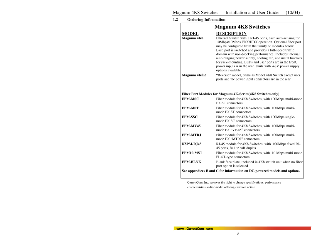 GarrettCom 4K-Series manual Ordering Information 