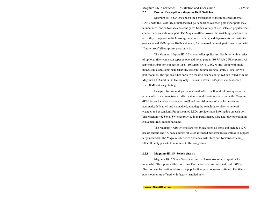 GarrettCom manual Product Description Magnum 4K16 Switches, Magnum 4K16F Switch chassis 
