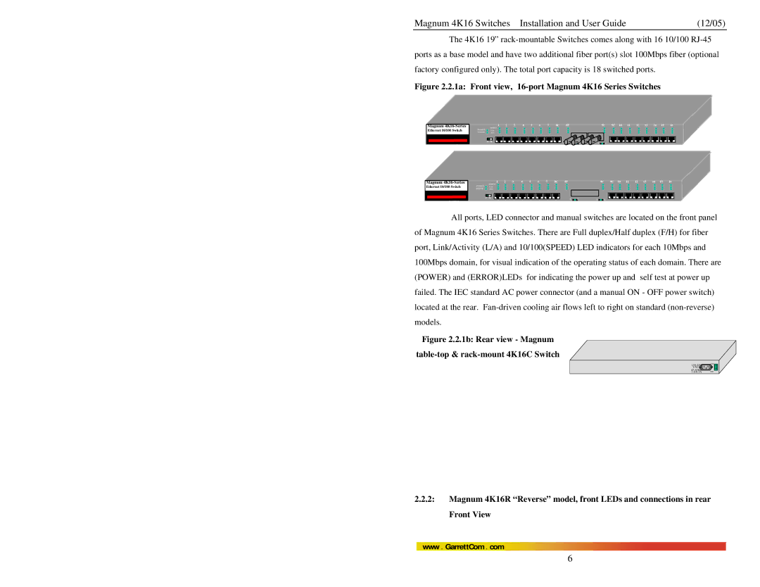 GarrettCom manual 1a Front view, 16-port Magnum 4K16 Series Switches 