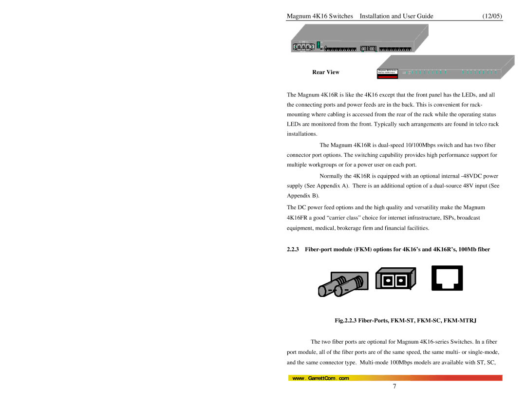 GarrettCom 4K16 manual Rear View, Fiber-Ports, FKM-ST, FKM-SC, FKM-MTRJ 