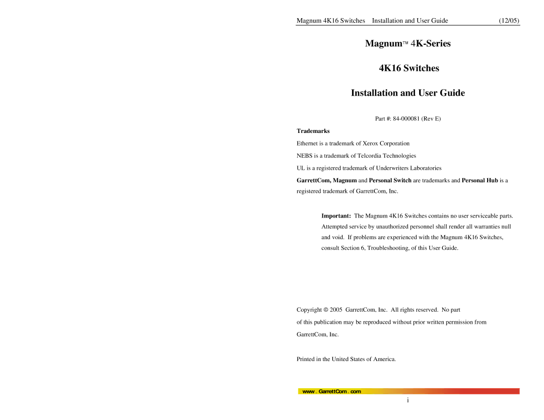 GarrettCom manual Magnum 4K-Series 4K16 Switches Installation and User Guide, Trademarks 