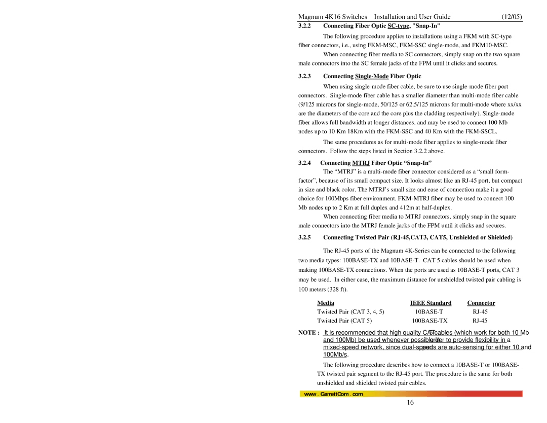 GarrettCom 4K16 manual Connecting Fiber Optic SC-type, Snap-In, Connecting Single-Mode Fiber Optic, Media Ieee Standard 