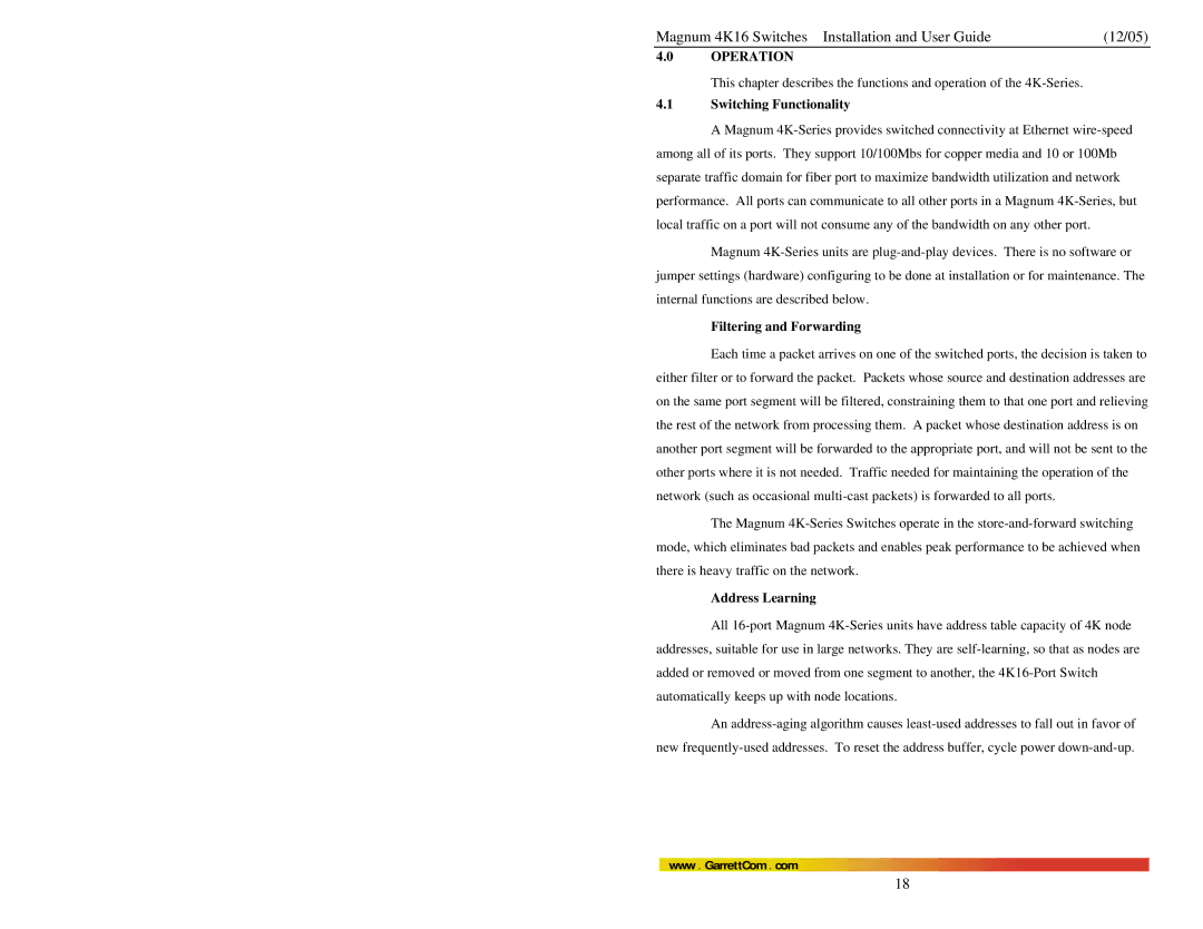 GarrettCom 4K16 manual Operation, Switching Functionality, Filtering and Forwarding, Address Learning 