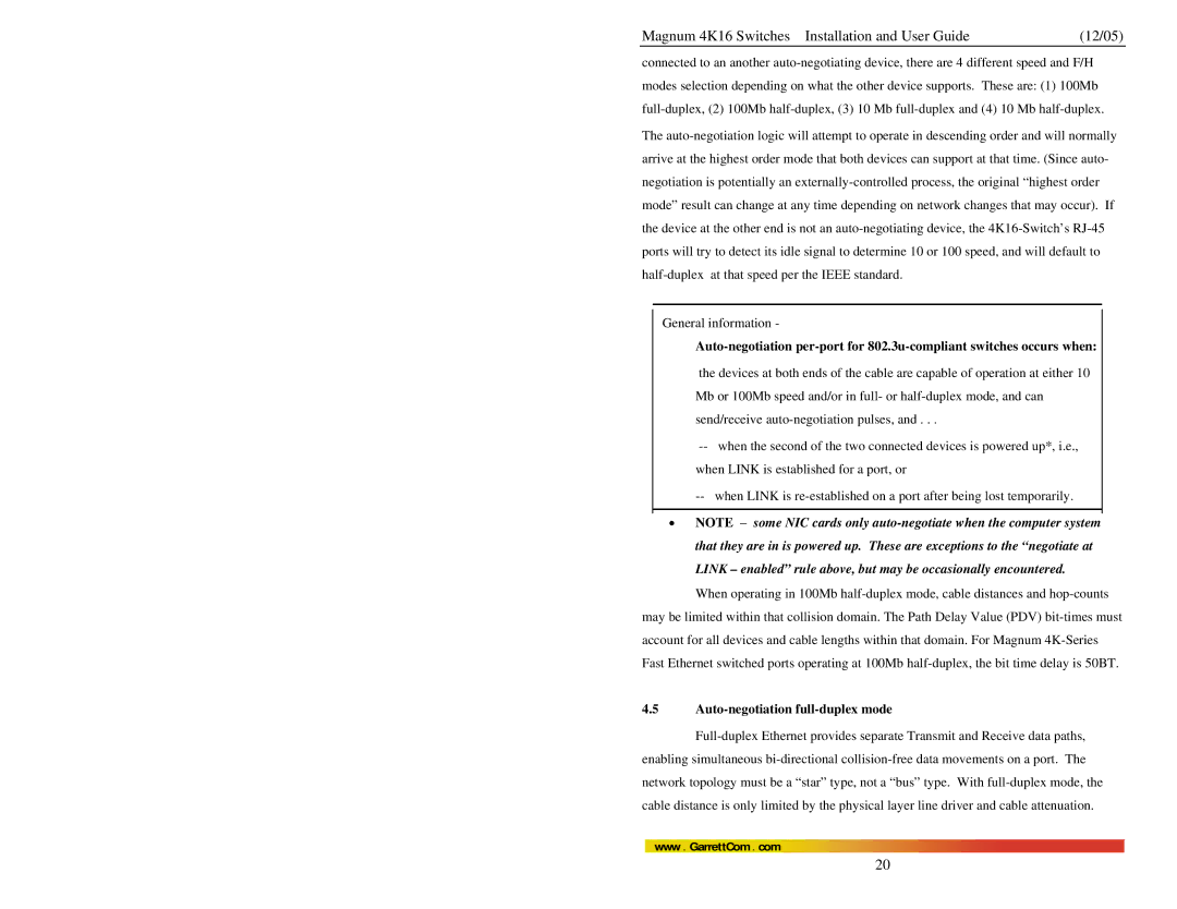GarrettCom 4K16 manual Auto-negotiation full-duplex mode 