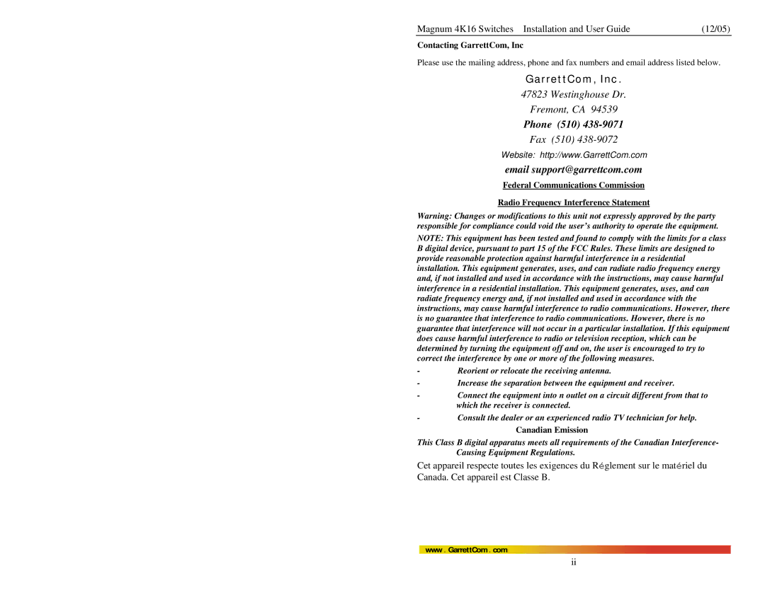 GarrettCom 4K16 manual Contacting GarrettCom, Inc, Canadian Emission 