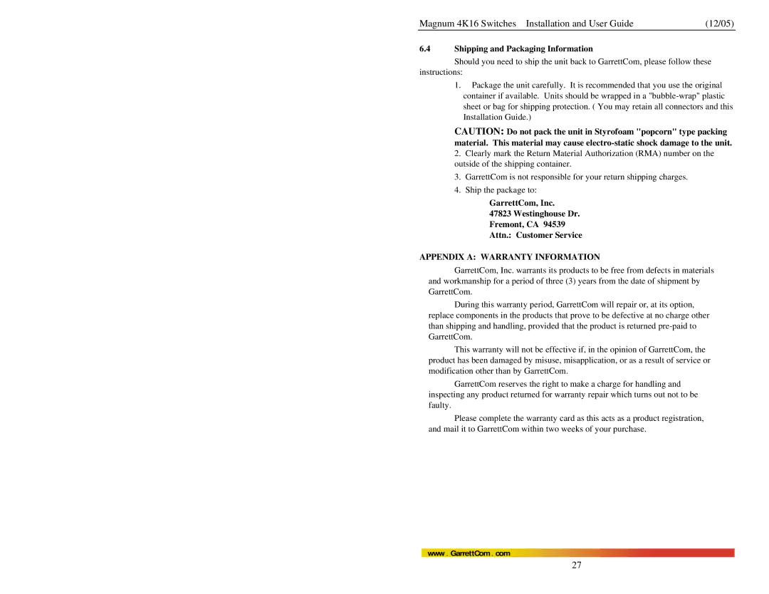 GarrettCom 4K16 manual Shipping and Packaging Information, Appendix a Warranty Information 