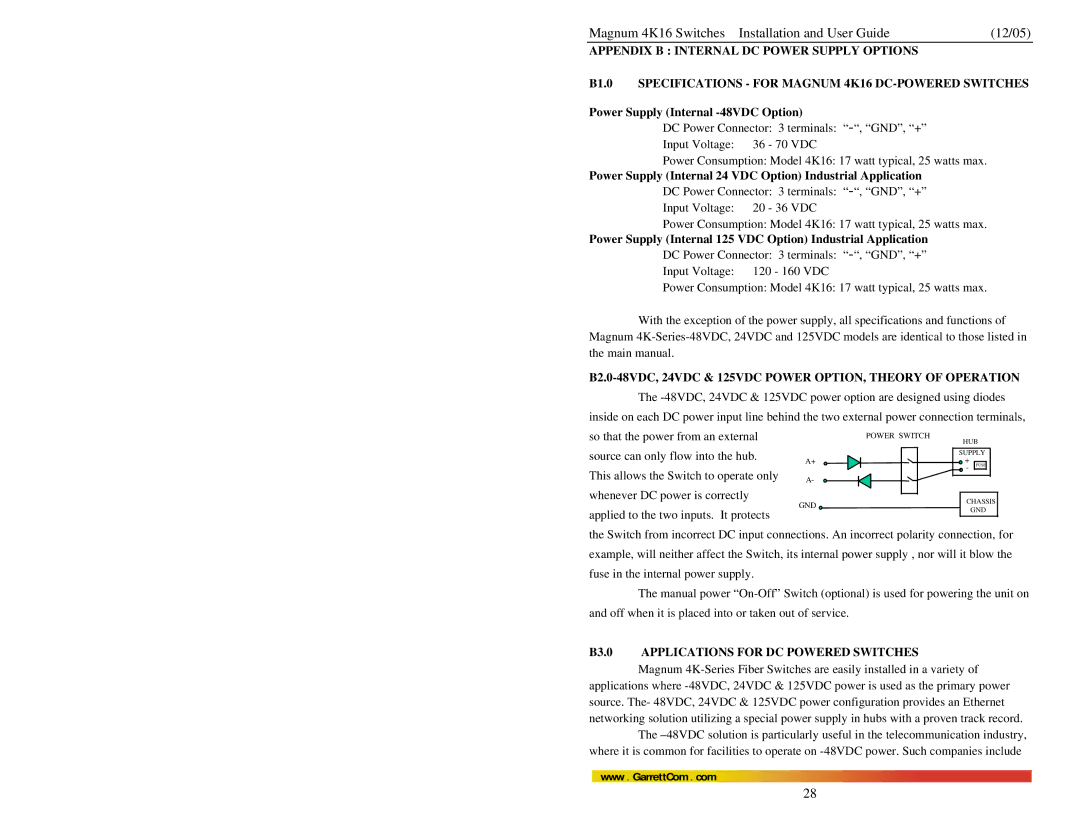 GarrettCom 4K16 Power Supply Internal 125 VDC Option Industrial Application, B3.0 Applications for DC Powered Switches 