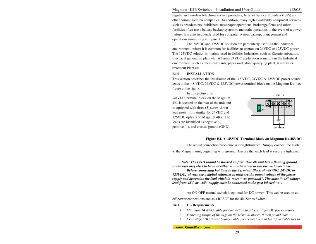 GarrettCom 4K16 manual B4.0 Installation, B4.1 UL Requirements 