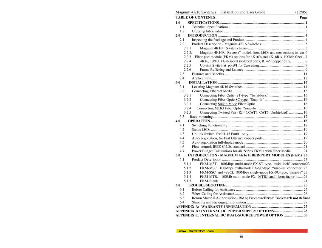 GarrettCom manual Table of Contents, Introduction Magnum 4K16 FIBER-PORT Modules FKM, Troubleshooting 