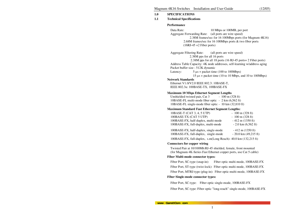 GarrettCom 4K16 manual Specifications 