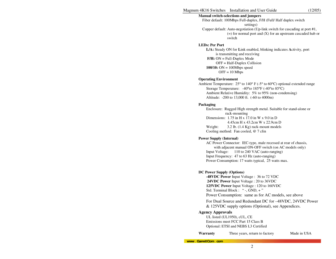 GarrettCom 4K16 manual Manual switch-selections and jumpers, LEDs Per Port, Operating Environment, Packaging, Warranty 