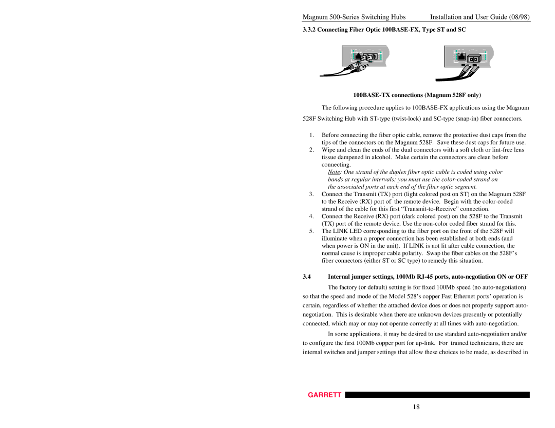 GarrettCom 500-Series manual Connecting Fiber Optic 100BASE-FX, Type ST and SC, 100BASE-TX connections Magnum 528F only 