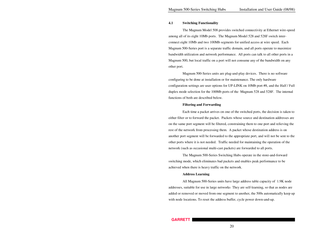 GarrettCom 500-Series manual Switching Functionality, Filtering and Forwarding, Address Learning 