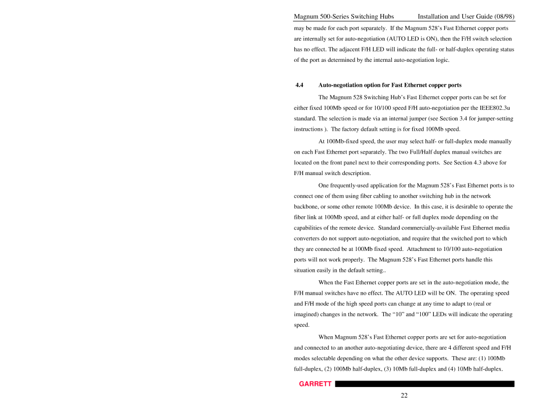 GarrettCom 500-Series manual Auto-negotiation option for Fast Ethernet copper ports 
