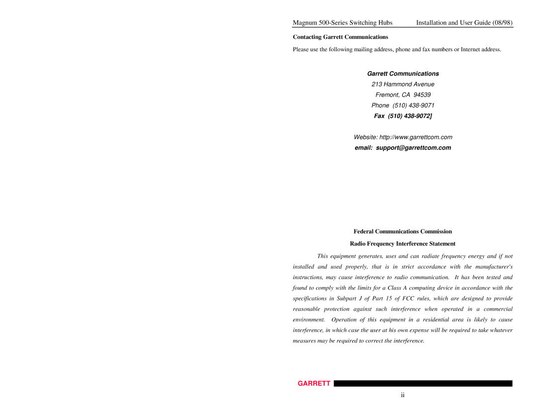 GarrettCom 500-Series manual Contacting Garrett Communications, Fax 510 Email support@garrettcom.com 