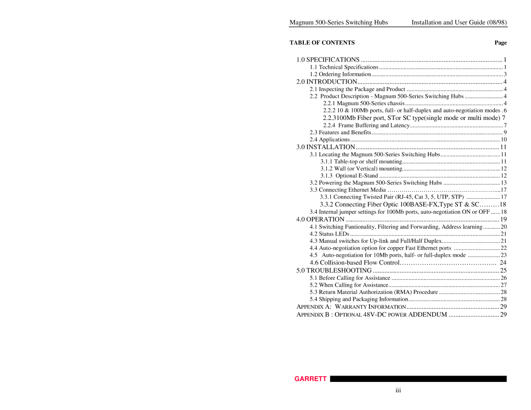 GarrettCom 500-Series manual Installation, Table of Contents 