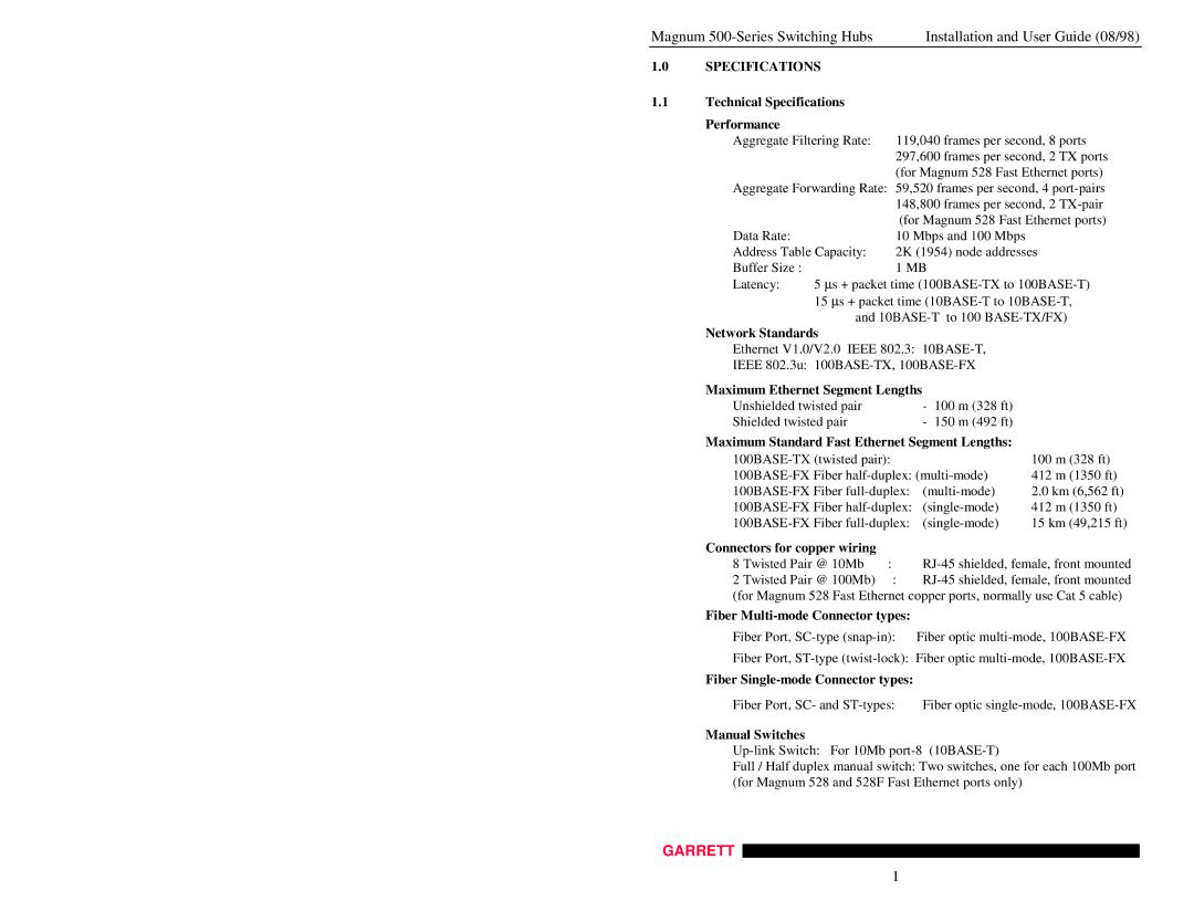 GarrettCom 500-Series manual Specifications 