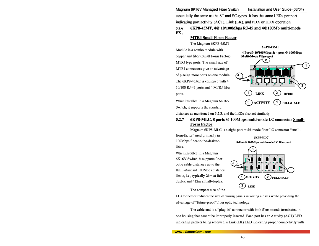 GarrettCom 6K16V manual 5.2.6 6KP8-45MT, 4@ 10/100Mbps RJ-45 and 4@100Mb multi-mode FX, MTRJ Small-Form-Factor, ports 