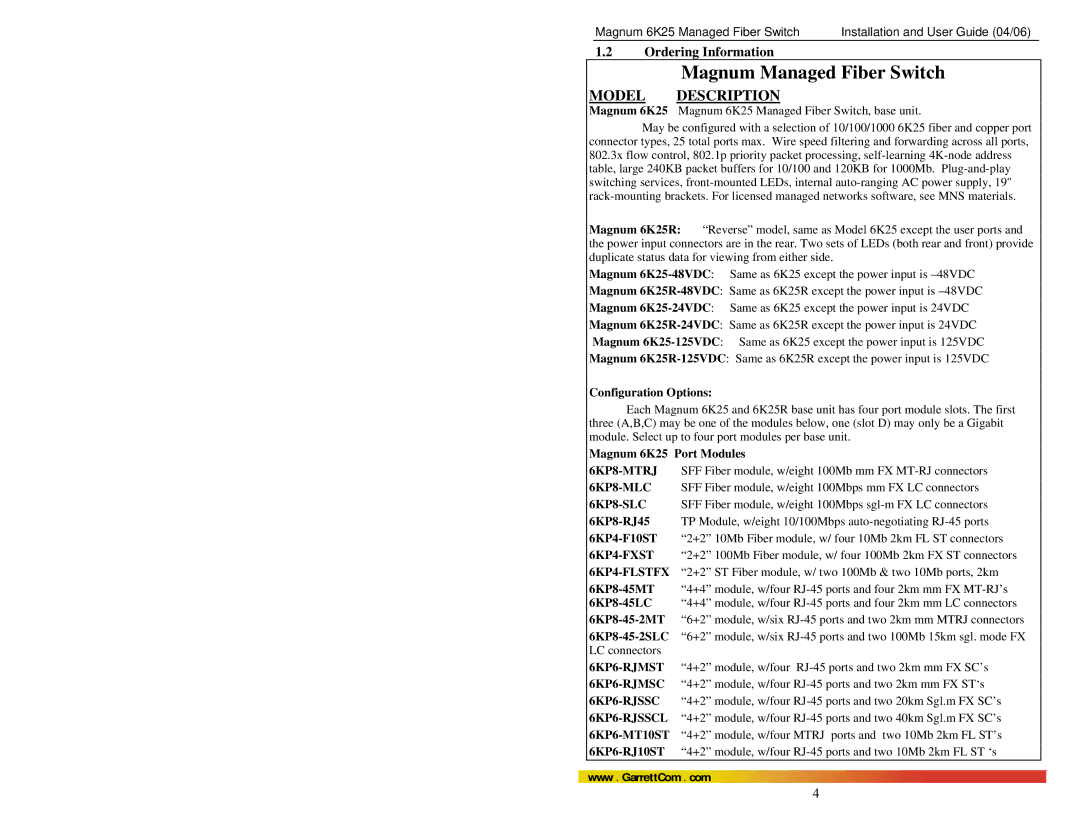 GarrettCom 6K25 manual Ordering Information 