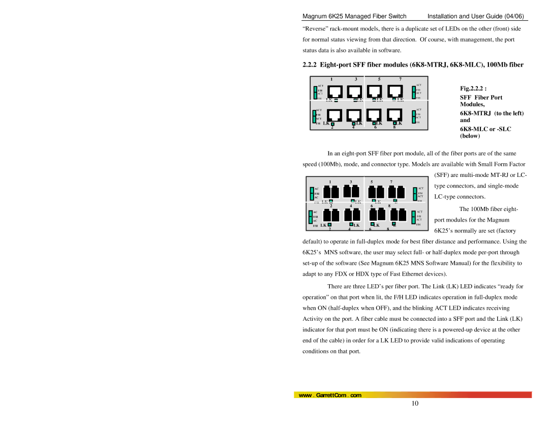 GarrettCom 6K25 manual Eight-port SFF fiber modules 6K8-MTRJ, 6K8-MLC, 100Mb fiber 