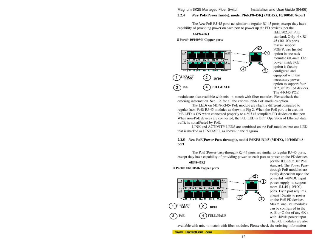 GarrettCom 6K25 manual New PoEPower Inside, model PI6KP8-45RJ MDIX, 10/100Mb 8-port 