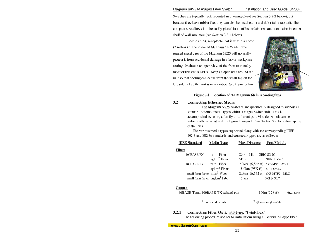 GarrettCom 6K25 manual Connecting Ethernet Media, Connecting Fiber Optic ST-type, twist-lock, Copper 