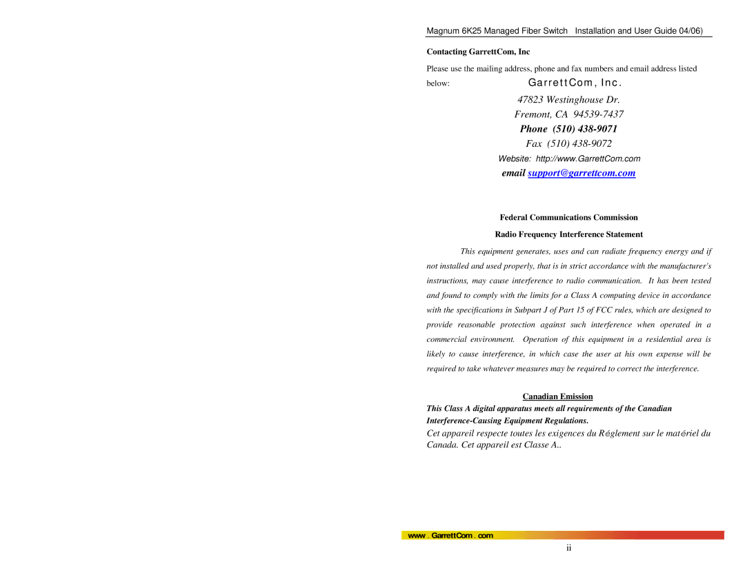 GarrettCom 6K25 manual Contacting GarrettCom, Inc, Canadian Emission 