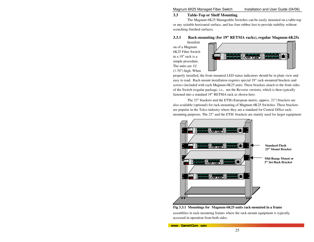 GarrettCom manual Table-Top or Shelf Mounting, Rack-mounting for 19 Retma racks, regular Magnum 6K25s 