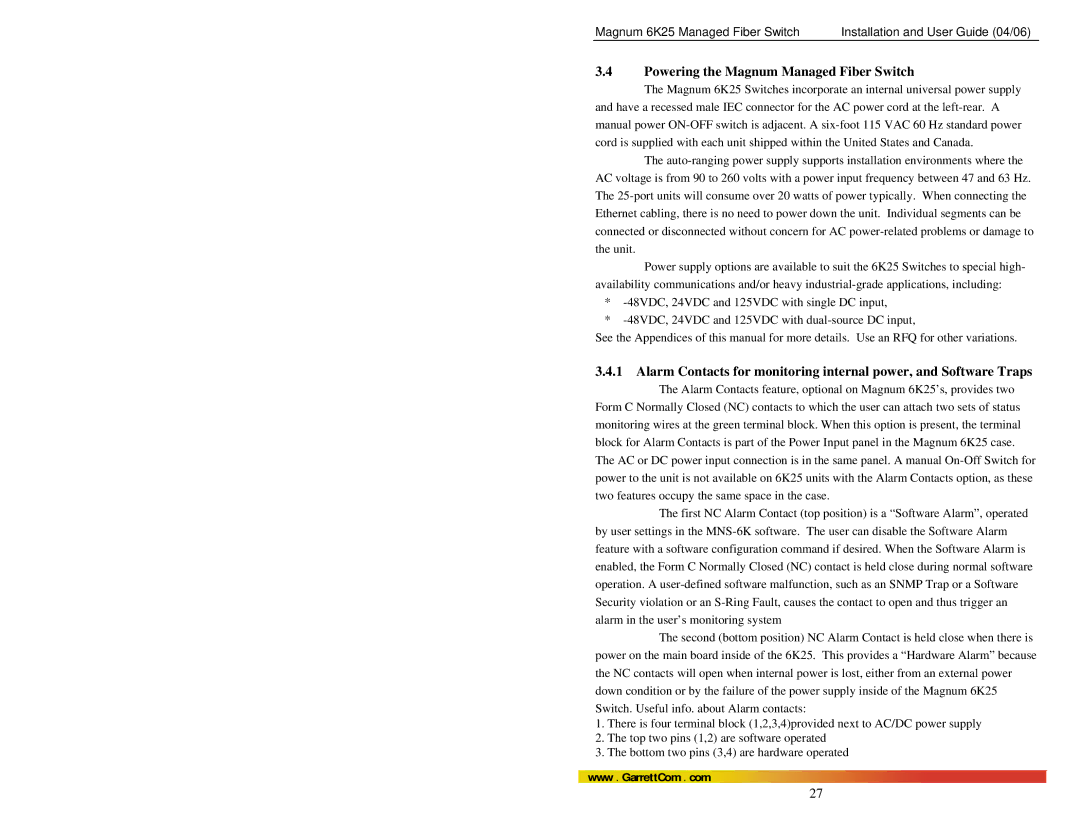 GarrettCom 6K25 manual Powering the Magnum Managed Fiber Switch 
