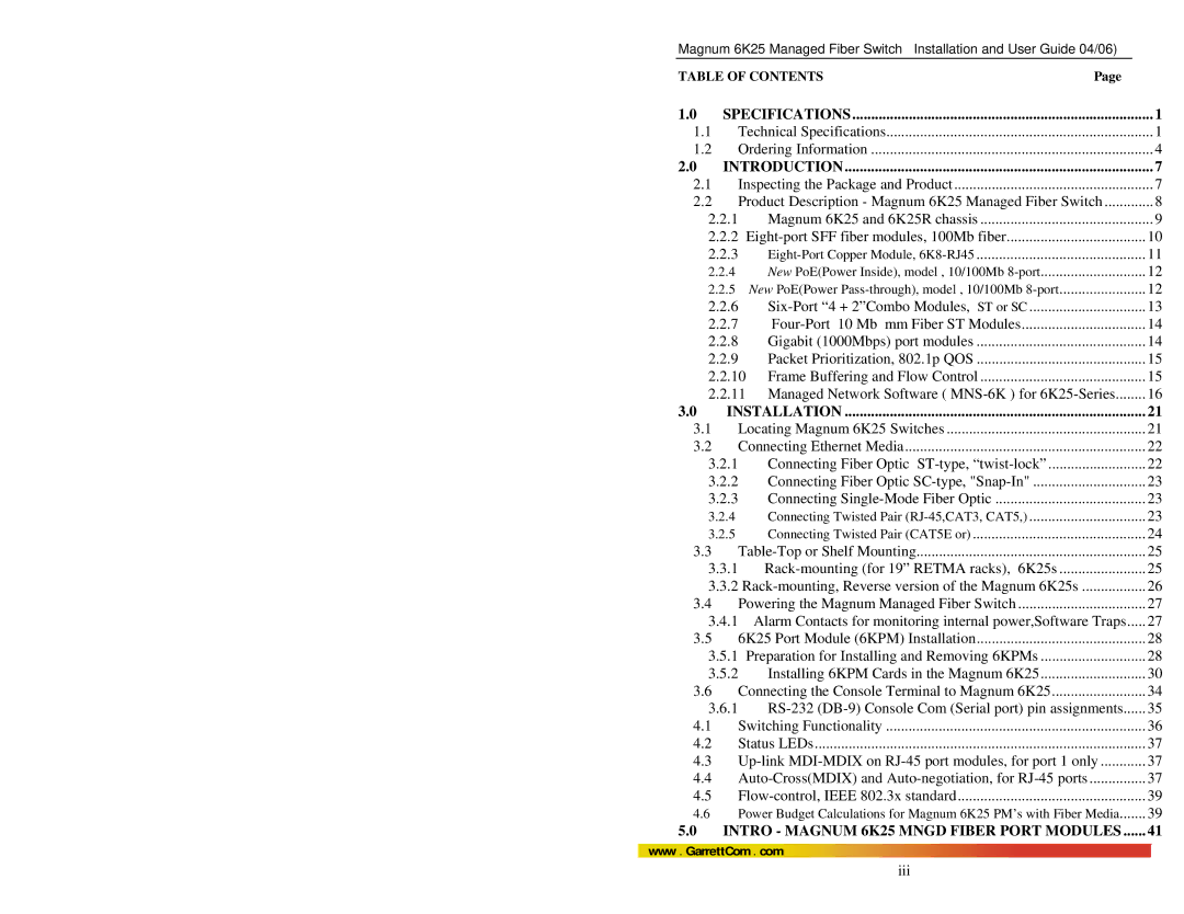 GarrettCom 6K25 manual Introduction, Table of Contents 