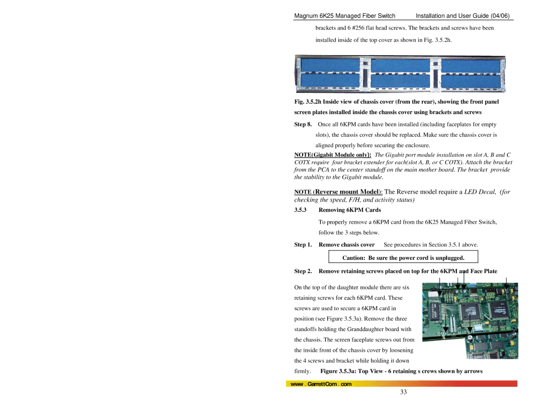 GarrettCom 6K25 manual Removing 6KPM Cards, Firmly. .5.3a Top View 6 retaining s crews shown by arrows 