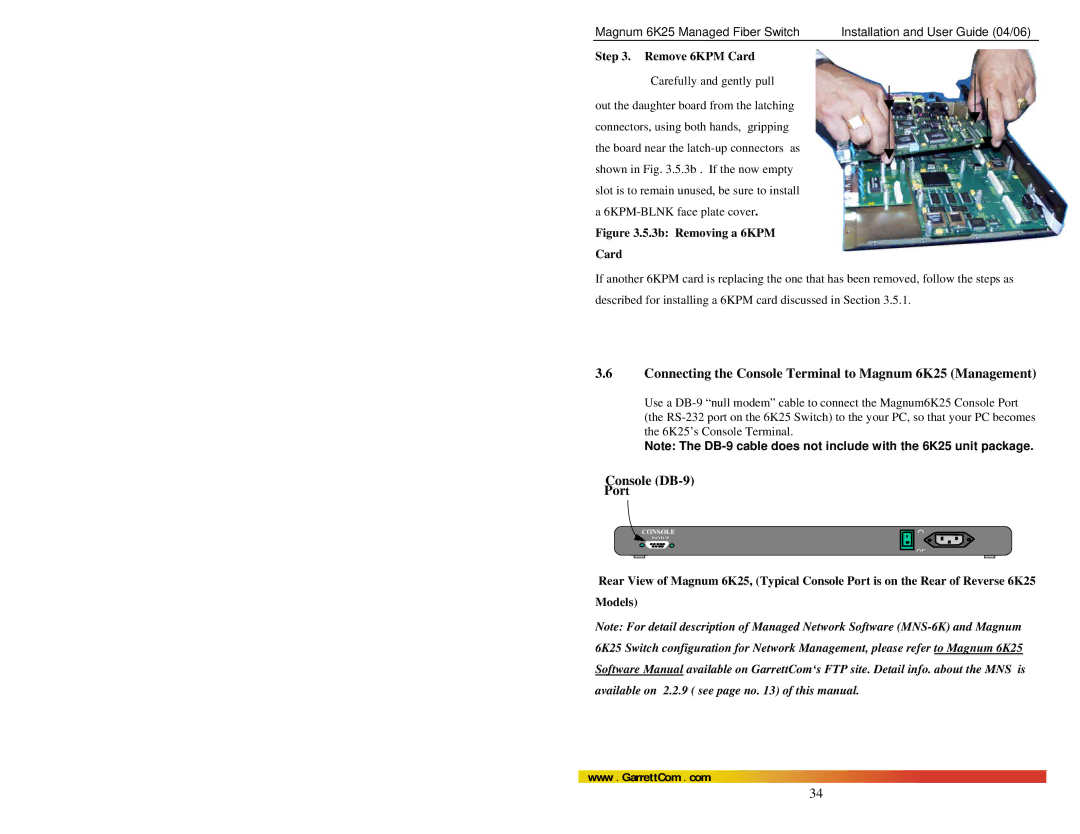 GarrettCom manual Connecting the Console Terminal to Magnum 6K25 Management, Console DB-9 Port, Remove 6KPM Card 