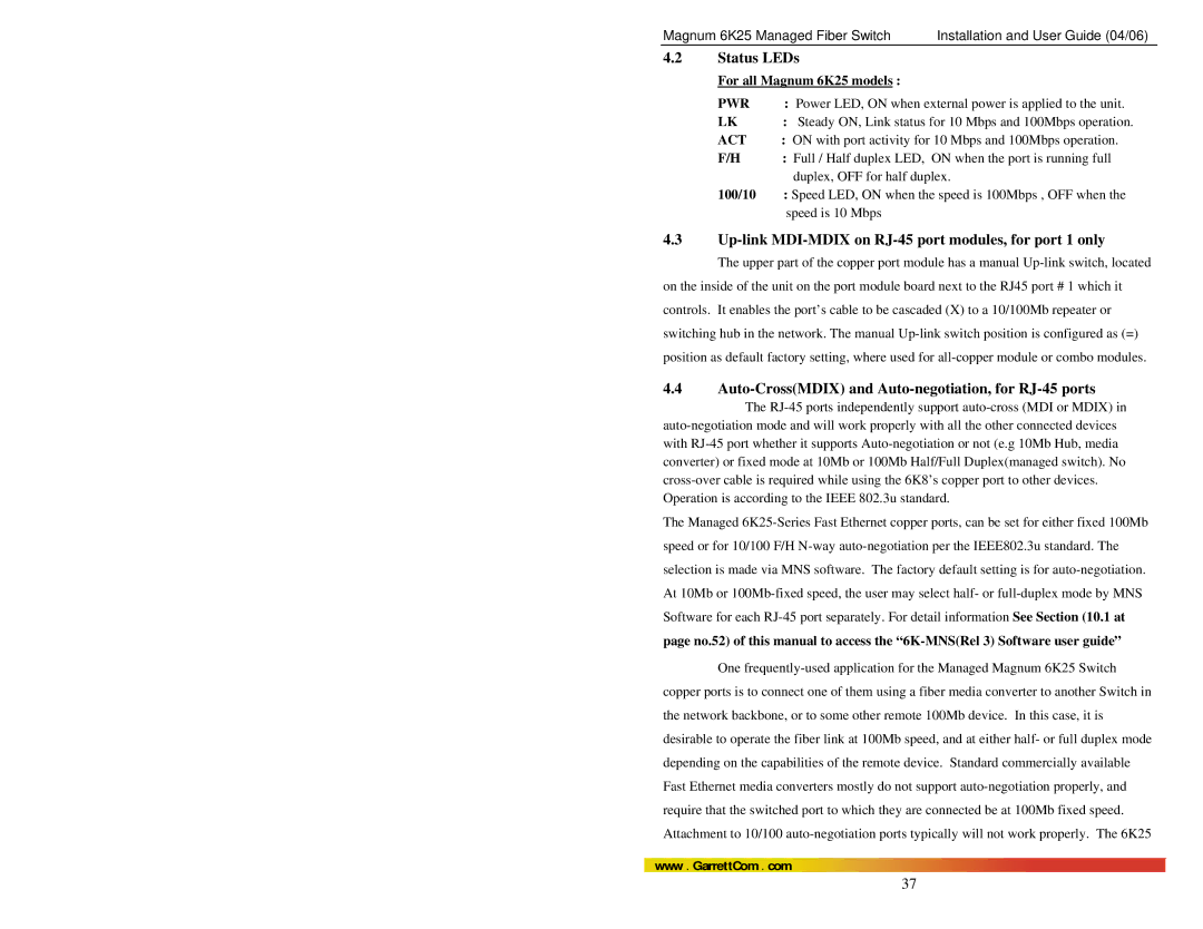 GarrettCom 6K25 manual Status LEDs, Up-link MDI-MDIX on RJ-45 port modules, for port 1 only, Pwr, Act 