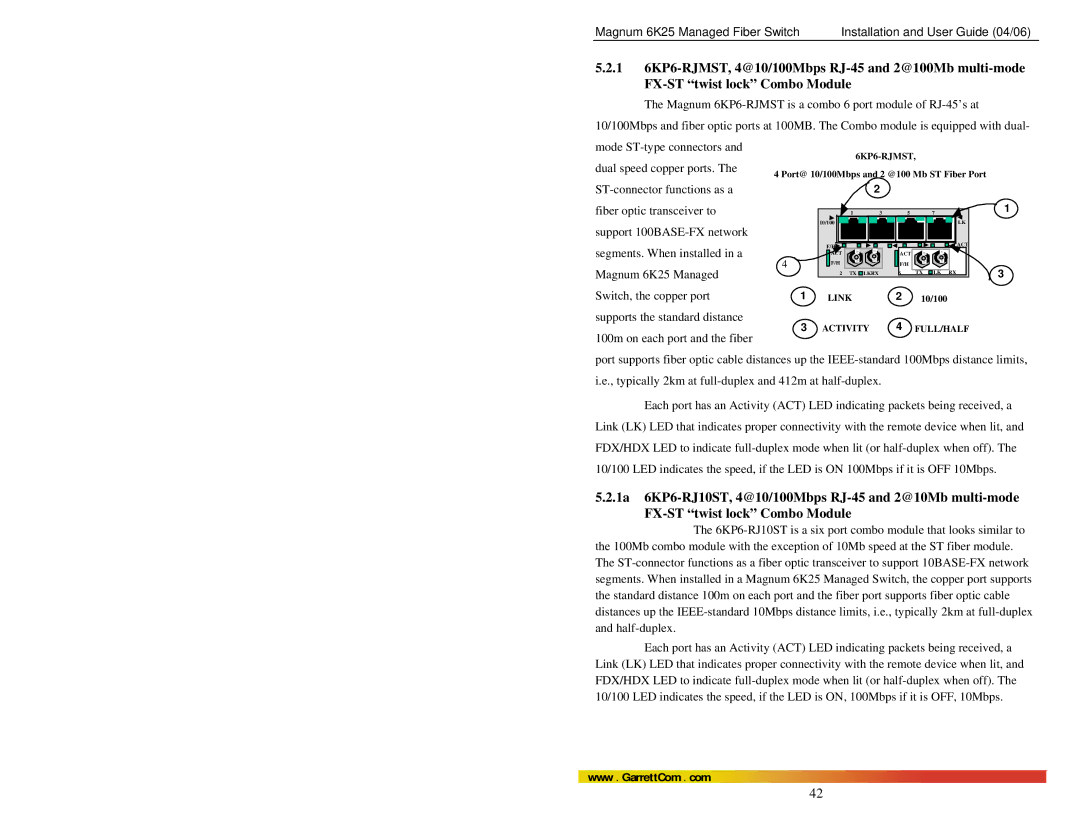 GarrettCom manual Mode ST-type connectors, Dual speed copper ports, Segments. When installed in a, Magnum 6K25 Managed 