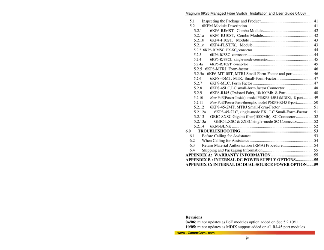 GarrettCom 6K25 manual Troubleshooting, Revisions 