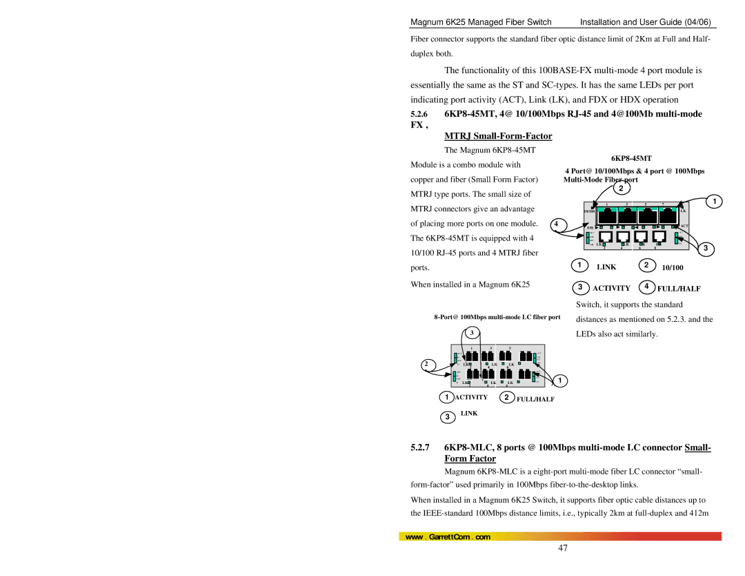 GarrettCom 6K25 manual Magnum 6KP8-45MT, Module is a combo module with, Copper and fiber Small Form Factor 