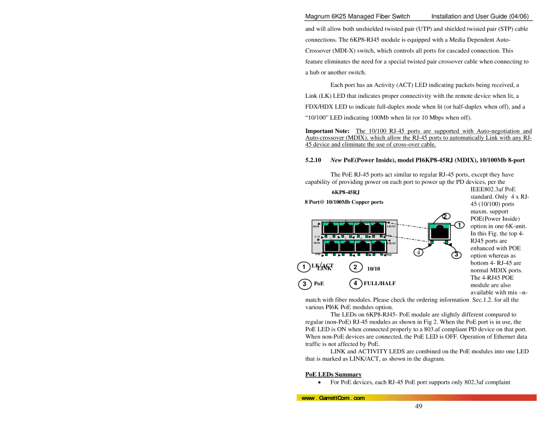 GarrettCom 6K25 manual New PoEPower Inside, model PI6KP8-45RJ MDIX, 10/100Mb 8-port, PoE LEDs Summary 