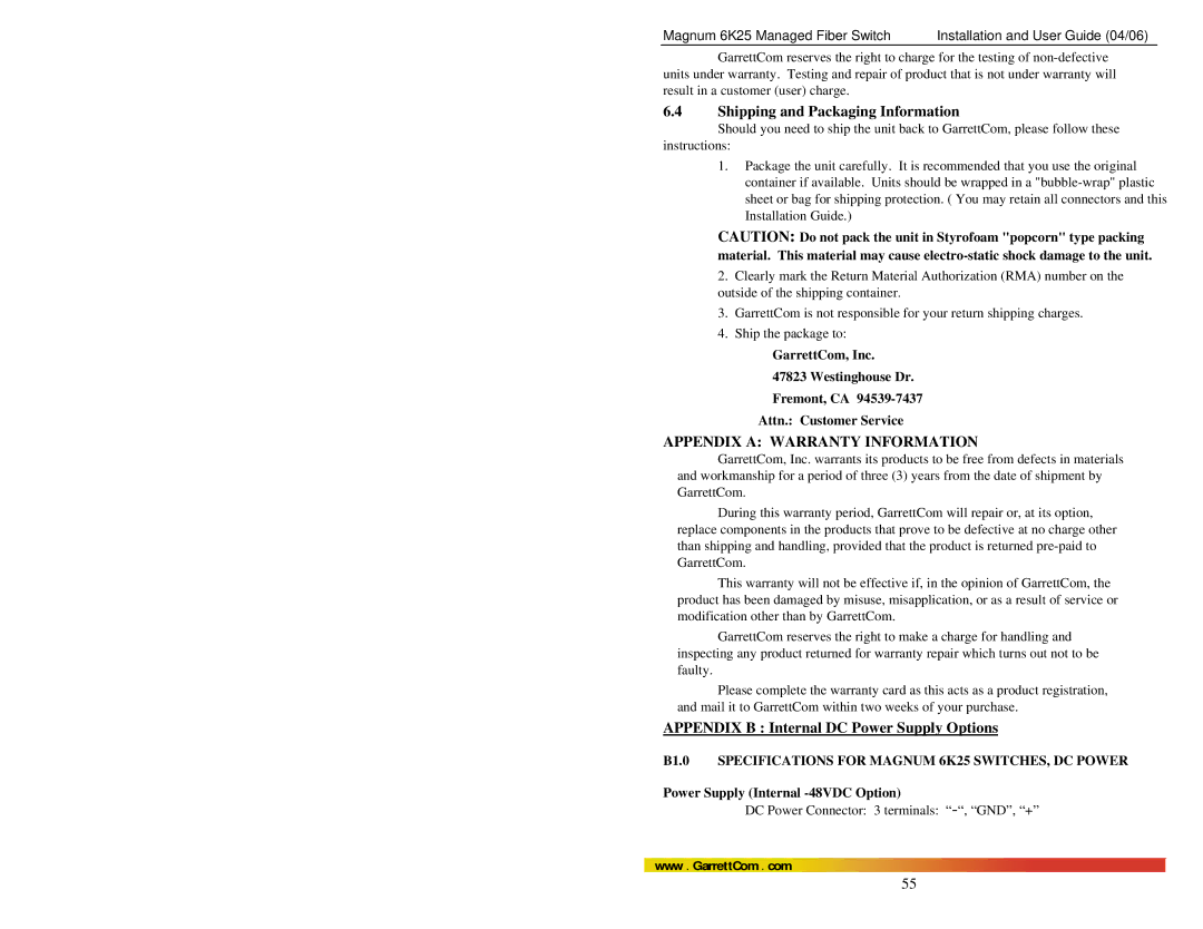 GarrettCom 6K25 manual Shipping and Packaging Information, Appendix B Internal DC Power Supply Options 