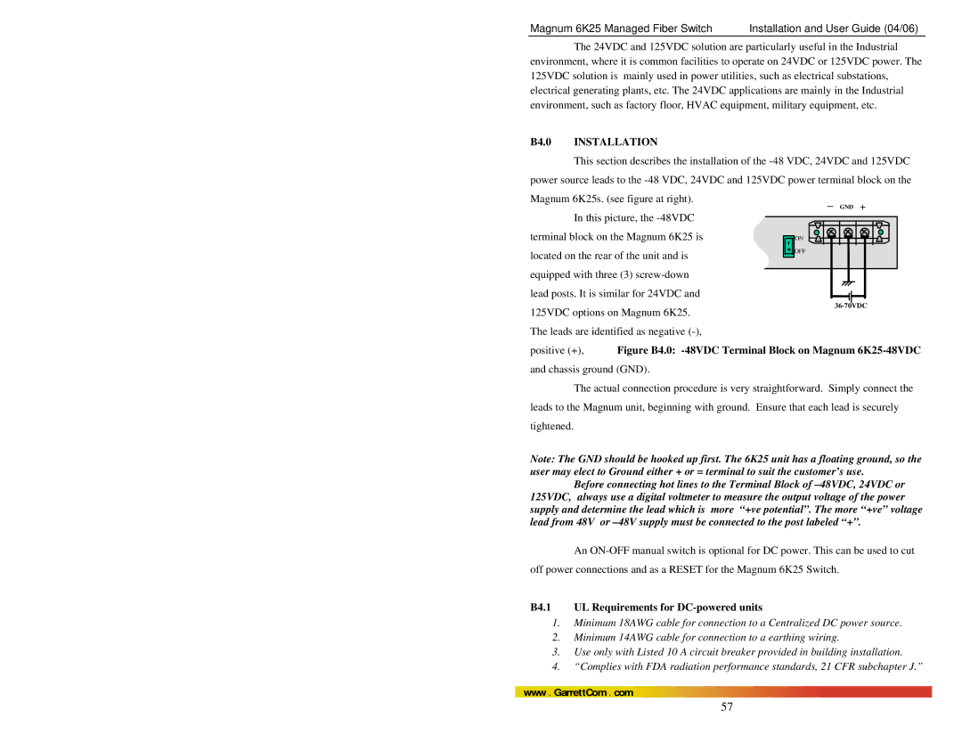 GarrettCom manual B4.0 Installation, Magnum 6K25s. see figure at right, B4.1 UL Requirements for DC-powered units 