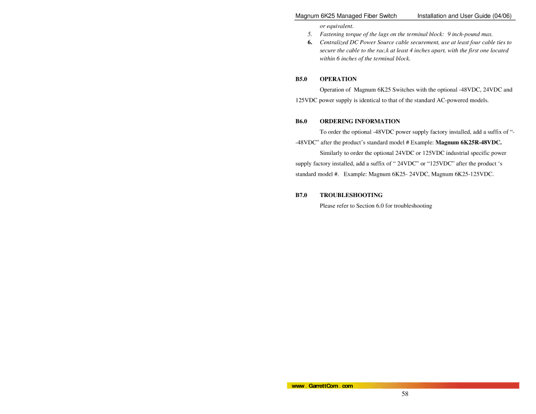 GarrettCom 6K25 manual B5.0 Operation, B6.0 Ordering Information, B7.0 Troubleshooting 