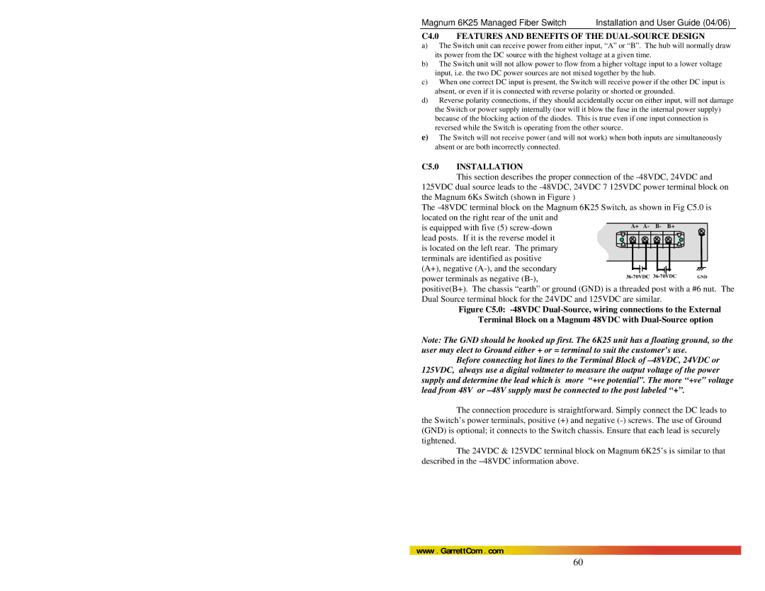 GarrettCom 6K25 manual C4.0 Features and Benefits of the DUAL-SOURCE Design, C5.0 Installation 