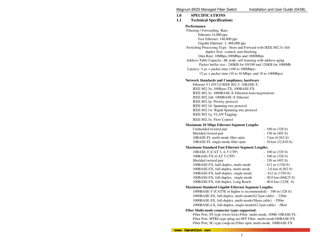 GarrettCom 6K25 manual Technical Specifications, Performance, Network Standards and Compliance, hardware 