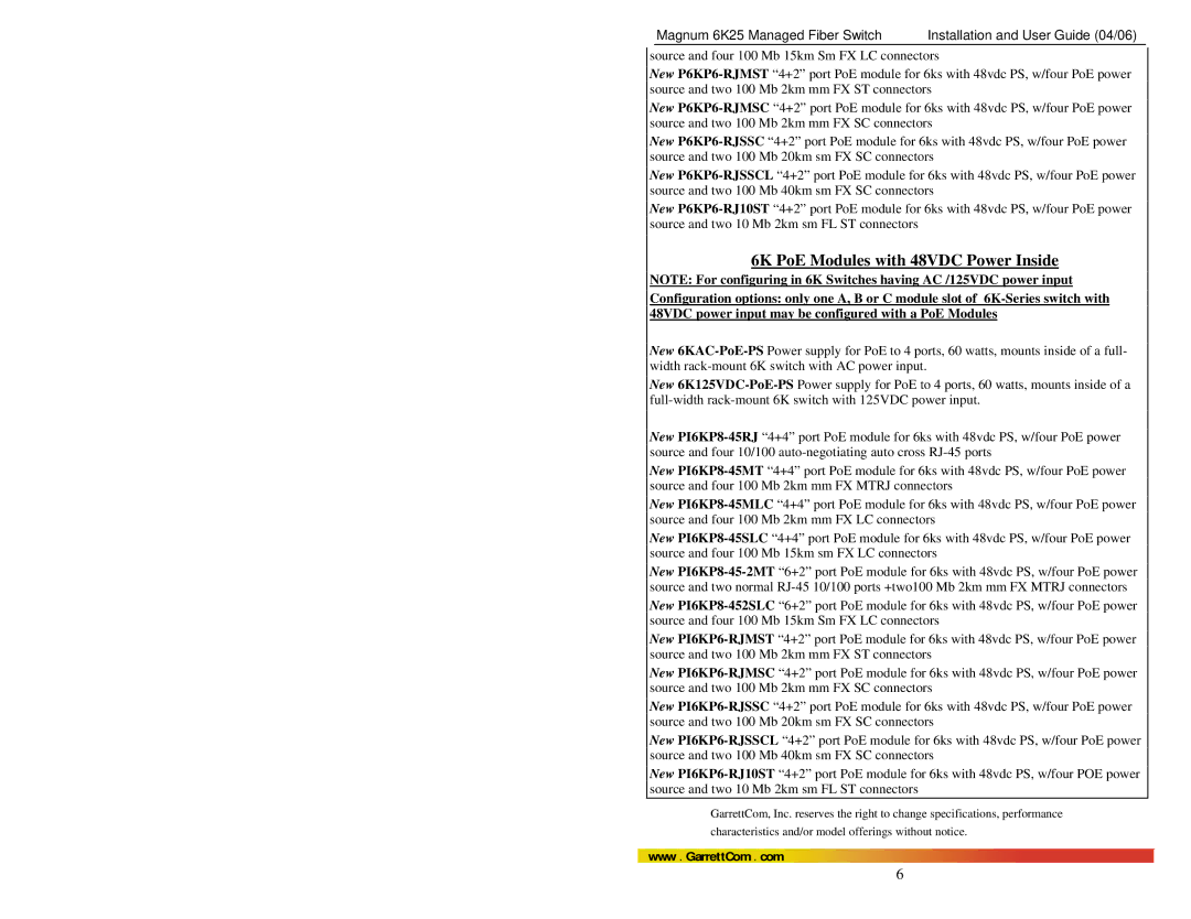 GarrettCom 6K25 manual 6K PoE Modules with 48VDC Power Inside 