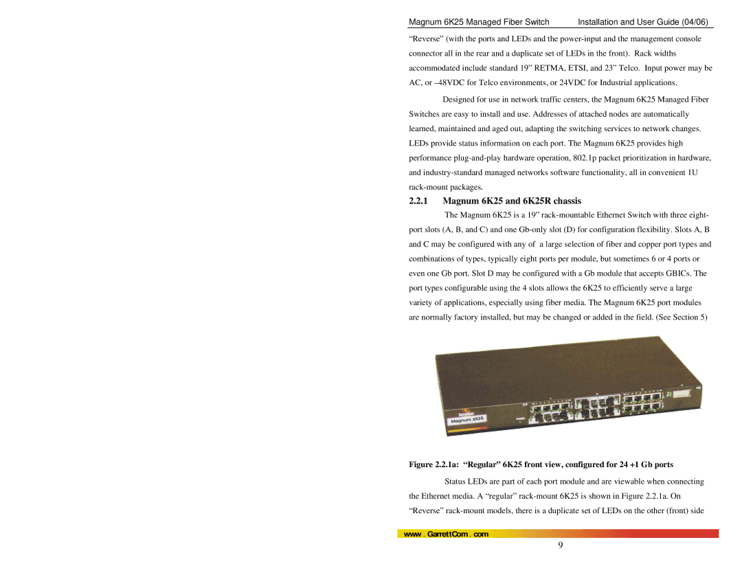 GarrettCom manual Magnum 6K25 and 6K25R chassis, 1a Regular 6K25 front view, configured for 24 +1 Gb ports 