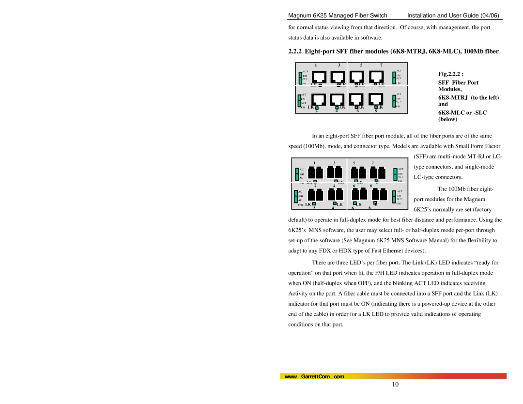 GarrettCom 6K25 manual Eight-port SFF fiber modules 6K8-MTRJ, 6K8-MLC, 100Mb fiber 