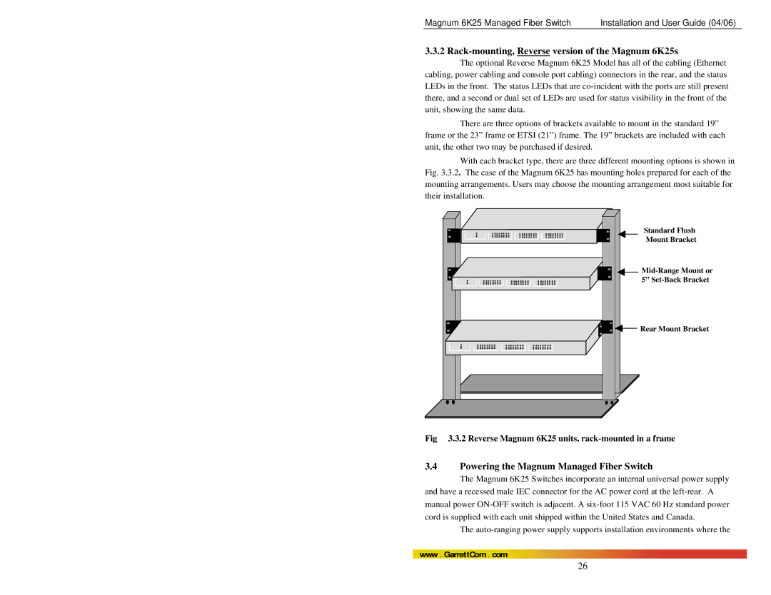 GarrettCom manual Rack-mounting, Reverse version of the Magnum 6K25s, Powering the Magnum Managed Fiber Switch 